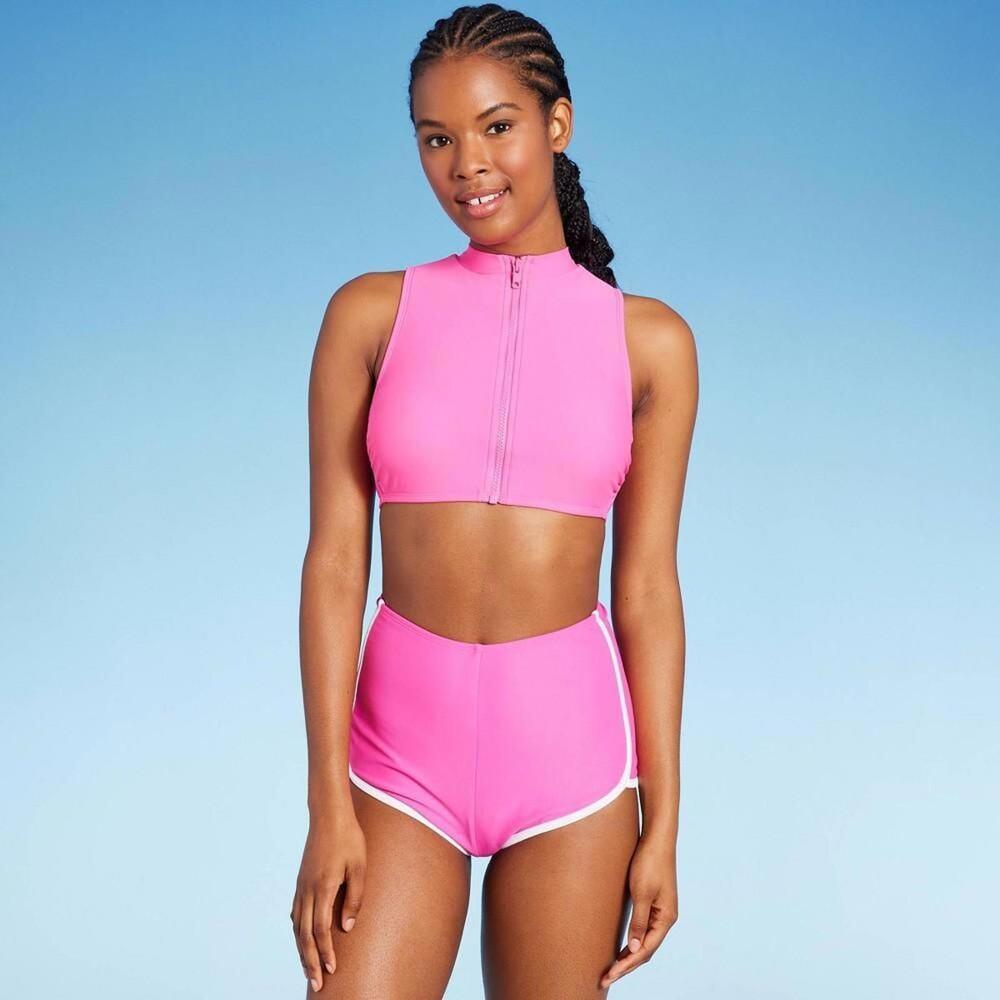 Women's Zip-Front Mock Neck Bikini Top - Wild Fable™ Pink M - Picture 1 of 1
